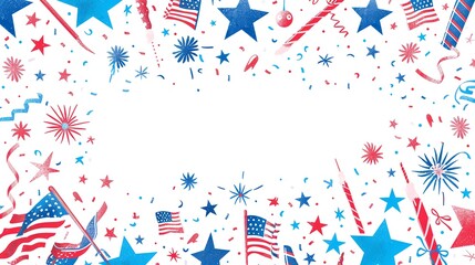 Fototapeta premium Festive Fourth of July border with American flags, stars, and fireworks in red, white, and blue. Perfect for patriotic holiday-themed designs.