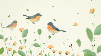 An illustration of three small birds with orange breasts flying through a field of green plants and yellow flowers on a light background