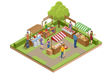 Isometric Farmers selling a Selection of Ecological Fruits and Vegetables at a Farmers Market. Vegetables fair food. Sellers and marketing
