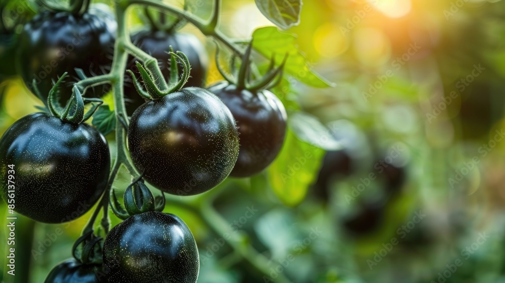 Wall mural close up of black tomatoes on branch in garden with copy space for harvest - Wall murals