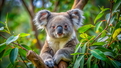 Fototapeta premium Australian koala sits on a tree among branches and green leaves
