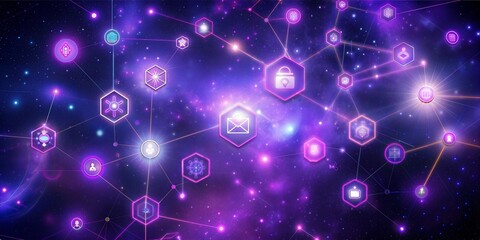 Deep space with glowing purple blockchain icons.