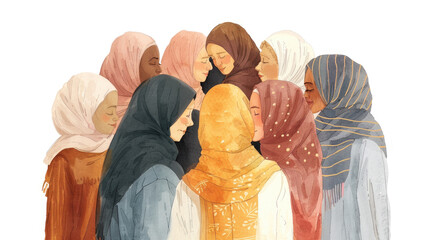 A digital painting of a group of women standing in a circle, all wearing colorful hijabs. The women are facing inward, with their heads bowed, creating a sense of intimacy and unity