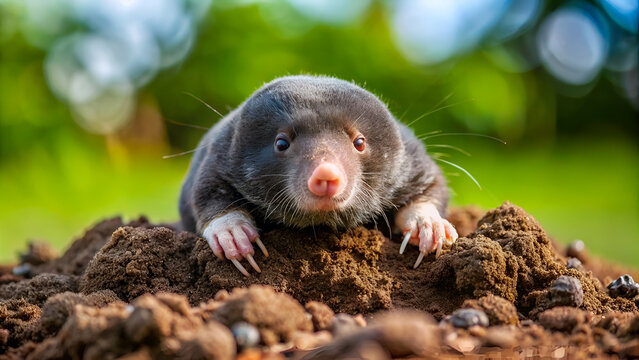The mole sits in a hole in the ground that it has dug