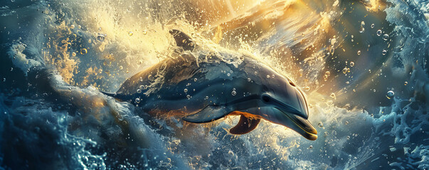 Naklejka premium A mesmerizing underwater scene featuring a playful dolphin leaping out of the water, its sleek body glistening in the sunlight.