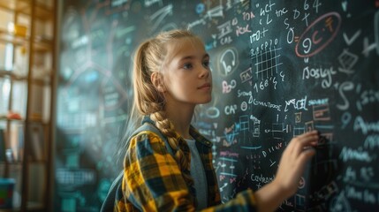 2D image of a student solving math problems on a chalkboard