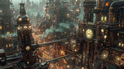 Complex steampunk city featuring towering clock towers and industrial buildings illuminated by warm, atmospheric light