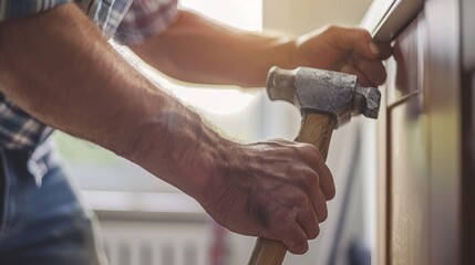Precision Assembly - Close-Up of Hand Holding Hammer to Build Furniture in New Home