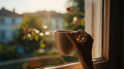 06060621 240 A hand holding a cup of coffee, enjoying the view from a window in a new home. --ar 16:9 Job ID: e62854a5-7078-45dd-80f8-ecfa68b26c98