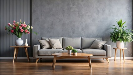 Modern interior featuring a comfortable sofa, table with flowers, gray wall, and plants, modern, interior, comfortable