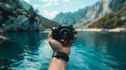 Obraz premium Capturing Memories in a New Location - Hand Holding Camera to Preserve Moments of Exploration and Adventure