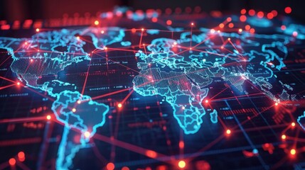 Fototapeta premium A computer screen shows a map of the world with many red dots