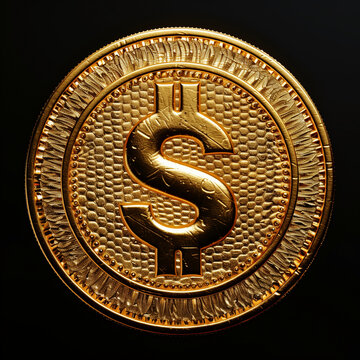Fotografia con detalle y textura de moneda de oro con simbolo de dolar y fondo de color negro