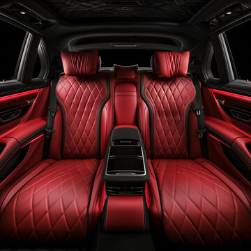 Fondo con detalle de asientos traseros de coche de lujo, con acabado en tonos rojos y negros