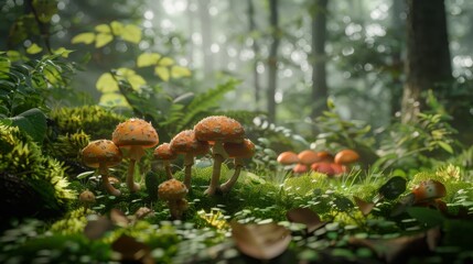 Mushroom cluster in a sunlit forest clearing, nature and serenity concept