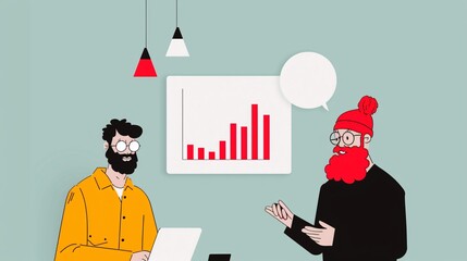 A 32k cel-shaded vector illustration of a financial planner explaining a risk management chart to a client, with both figures displaying detailed expressions of concern and understanding. The white