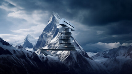 Buildings on snowy mountains