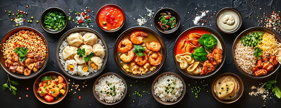 A variety of delicious Asian cuisine food bowls are shown. The bowls include noodles, dumplings, rice, and various other ingredients. The food is presented in a visually appealing manner.