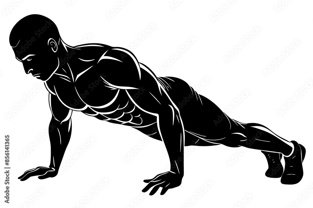 Poster bodybuilder performing a push up silhouette vector