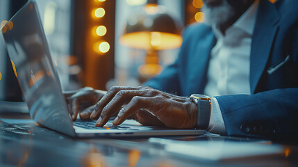 Data scientist, Programmer using laptop analyzing financial data on futuristic virtual interface. Algorithm. Global business development