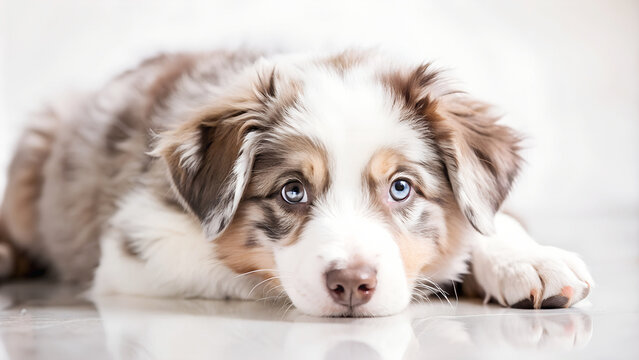 Primer plano de un Pastor Australiano tumbado en el suelo. Cachorro de perro sobre fondo claro en colores beige.