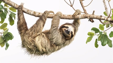 Fototapeta premium A sloth, with its long claws and slow, deliberate movements, hangs upside down on a branch against a white background, its fur blending seamlessly with the foliage. The image showcases the animal's