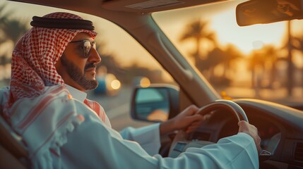 Arab man in traditional attire driving a car, wearing sunglasses, with a scenic sunset in the background, creating a warm and serene atmosphere.