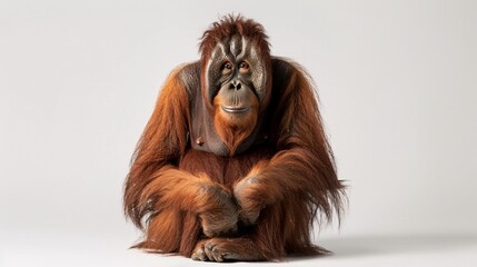 An orangutan, with its long, reddish-brown fur and intelligent eyes, sits on a branch against a white background, its hands displaying its remarkable dexterity. The image showcases the animal's close