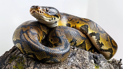 Obraz premium A massive anaconda, with its powerful body and distinctive scales, coils around a tree trunk against a white background, its eyes gleaming with predatory intent. The image captures the animal's