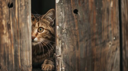 A brown cat plays peek a boo behind a wooden wall eagerly