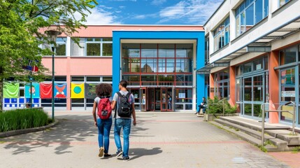 Obraz premium Two students walking towards a modern, colorful school building, showcasing a lively educational environment. The bright setting emphasizes back-to-school themes and the vibrancy of student life.