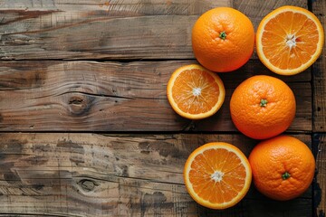 Fresh oranges cut in half and whole on a rustic wooden table, highlighting the vibrant color and...