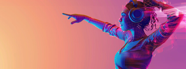 Swaying to the beat of a private symphony, a joyful woman loses herself in an ecstatic dance, her headphones channeling a vibrant, immersive audio landscape that envelops her movements. Surreal.