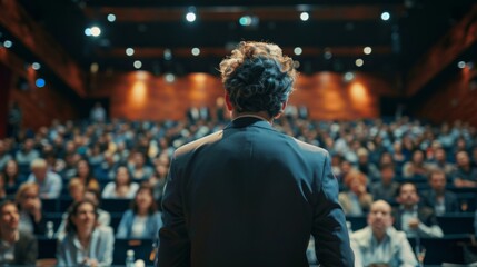Businessman giving a speech at a conference in front of a large audience