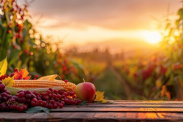 Beautiful autumn harvest setup with corn, apple, and berries on a rustic table, set against a scenic sunset in the background.