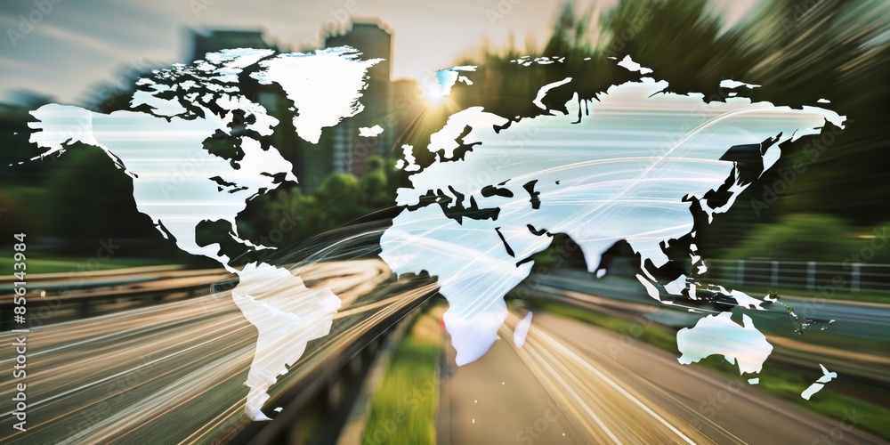 Poster A blurred image of a world map with a road in the middle