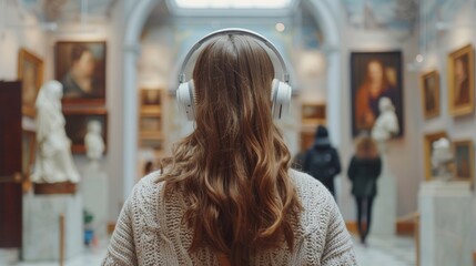 Woman happily explores art museum exhibition with audio guide headphones