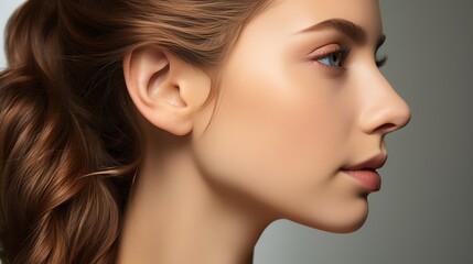Fototapeta premium A woman with long brown hair and natural makeup is shown in profile. Her skin is smooth and radiant. Her lips are slightly parted, as if she is about to speak.