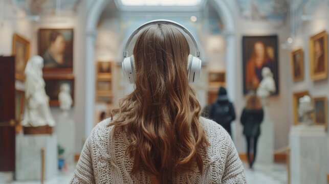 Woman happily explores art museum exhibition with audio guide headphones