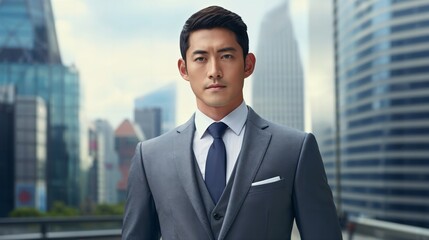 Fototapeta premium A businessman in a grey suit and tie stands confidently in an urban setting with modern skyscrapers in the background.
