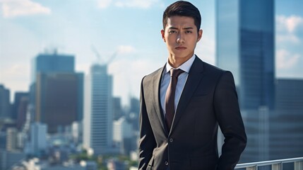 Fototapeta premium Brief A confident man in a dark suit stands outdoors with a modern city skyline in the background.