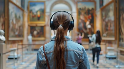 Young woman is enjoying a guided tour in a museum, listening to explanations using headphones