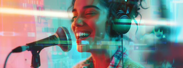 A joyful female podcast radio host, her features distorted into a pixelated mosaic, captivates with an electrifying, otherworldly presence.