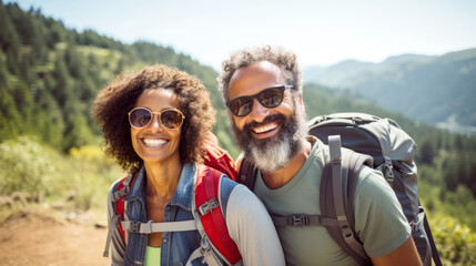 Middle aged couple walking on forest path with backpacks in summer