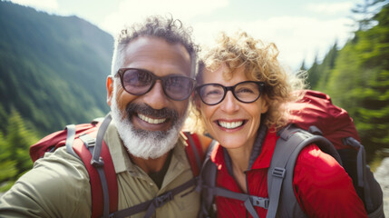 Middle aged couple walking on forest path with backpacks in summer