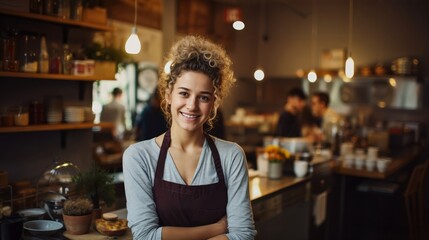 A smiling woman wearing an apron stands confidently in a cozy, well-lit cafe kitchen, surrounded by...