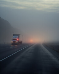 Lone truck on vast highway, early morning, misty conditions