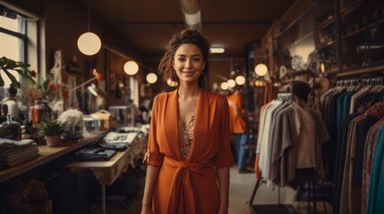 Fototapeta premium A woman in a stylish orange dress stands confidently in a boutique, surrounded by clothing and decor. Warm lighting creates a cozy, inviting atmosphere.