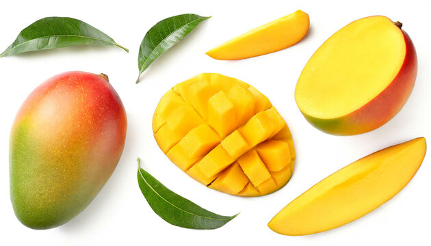 Mango St&uuml;cke teile set isoliert auf wei&szlig;en Hintergrund, Freisteller, Draufsicht 