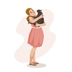 A girl in a pink dress holding a black cat, smiling against a light abstract background. Concept of pet love. Vector illustration